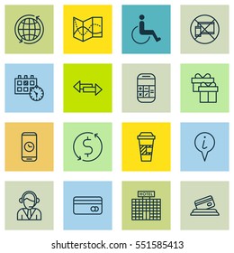 Set Of 16 Transportation Icons. Includes Forbidden Mobile, Resort Development, Money Trasnfer And Other Symbols. Beautiful Design Elements.