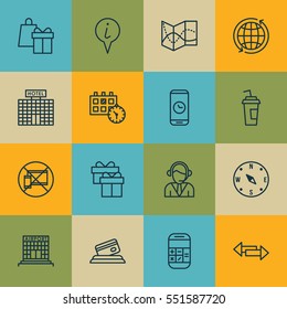 Set Of 16 Transportation Icons. Includes Present, Info Pointer, Crossroad And Other Symbols. Beautiful Design Elements.
