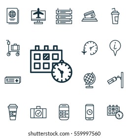 Set Of 16 Transportation Icons. Includes Suitcase Pushcart, Call Duration, Video Surveillance And Other Symbols. Beautiful Design Elements.