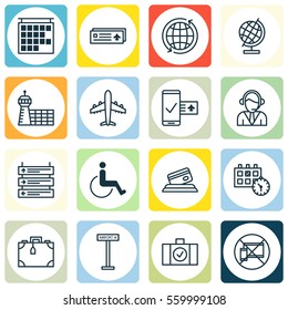 Set Of 16 Transportation Icons. Includes Airliner, Luggage Scanner, World And Other Symbols. Beautiful Design Elements.