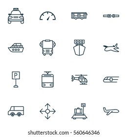 Set Of 16 Transportation Icons. Includes Metro, Plane, Safety Belt And Other Symbols. Beautiful Design Elements.