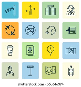 Set Of 16 Transportation Icons. Includes Luggage Scanner, Operator, Fly Around And Other Symbols. Beautiful Design Elements.