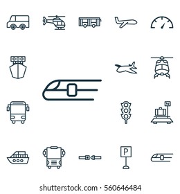 Set Of 16 Transportation Icons. Includes Flight Vehicle, Ship, Roadsign And Other Symbols. Beautiful Design Elements.