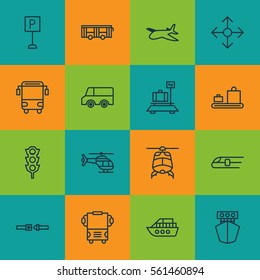 Set Of 16 Transportation Icons. Includes Road Pointer, Baggage Carousel, Ship And Other Symbols. Beautiful Design Elements.
