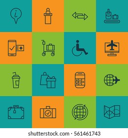 Set Of 16 Transportation Icons. Includes Luggage Scanner, Briefcase Scanner, Suitcase Pushcart And Other Symbols. Beautiful Design Elements.