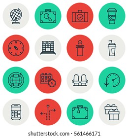 Set Of 16 Transportation Icons. Includes Flight Path, Baggage Research, Airfield Manufacture And Other Symbols. Beautiful Design Elements.