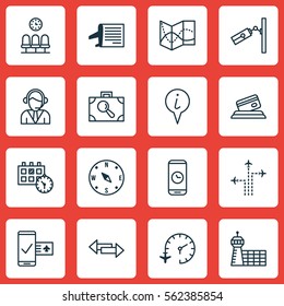 Set Of 16 Transportation Icons. Includes Airport Building, Call Duration, Road Map And Other Symbols. Beautiful Design Elements.