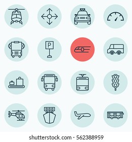 Set Of 16 Transportation Icons. Includes Air Transport, Roadsign, Ship And Other Symbols. Beautiful Design Elements.