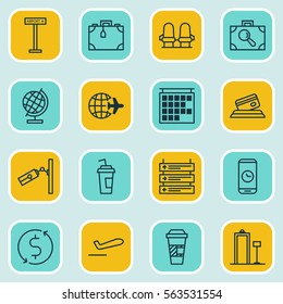 Set Of 16 Transportation Icons. Includes Airliner Takeoff, Plane Schedule, Takeaway Coffee And Other Symbols. Beautiful Design Elements.