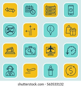 Set Of 16 Transportation Icons. Includes Money Trasnfer, Credit Card, Crossroad And Other Symbols. Beautiful Design Elements.