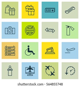 Set Of 16 Transportation Icons. Includes Airport Card, Internet Ticket, Shopping And Other Symbols. Beautiful Design Elements.