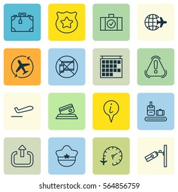 Set Of 16 Transportation Icons. Includes Credit Card, Travel Clock, Airliner Takeoff And Other Symbols. Beautiful Design Elements.