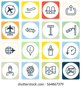 Set Of 16 Transportation Icons. Includes Airliner Takeoff, Worldwide Flight, Info Pointer And Other Symbols. Beautiful Design Elements.