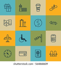 Set Of 16 Transportation Icons. Includes Money Trasnfer, Airliner, Escalator Down And Other Symbols. Beautiful Design Elements.