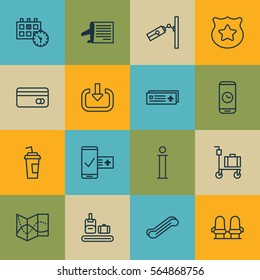 Set Of 16 Transportation Icons. Includes Phone Reservation, Drink Cup, Suitcase Pushcart And Other Symbols. Beautiful Design Elements.
