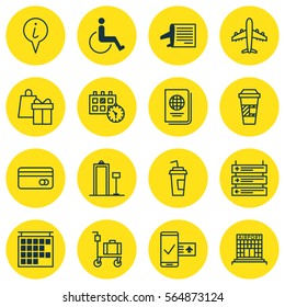 Set Of 16 Transportation Icons. Includes Appointment, Security Scanner, Departure Information And Other Symbols. Beautiful Design Elements.