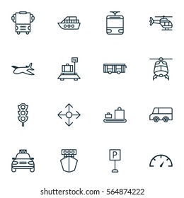 Set Of 16 Transportation Icons. Includes Baggage Carousel, Ship, Transport And Other Symbols. Beautiful Design Elements.