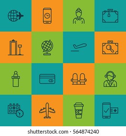 Set Of 16 Transportation Icons. Includes Airliner, Call Duration, Plastic Card And Other Symbols. Beautiful Design Elements.
