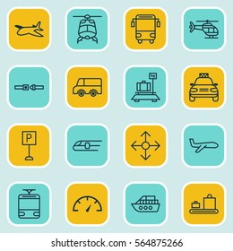 Set Of 16 Transportation Icons. Includes Air Transport, Flight Vehicle, Speed Checker And Other Symbols. Beautiful Design Elements.