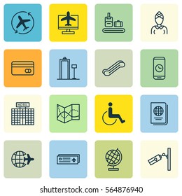 Set Of 16 Transportation Icons. Includes Video Surveillance, Identification Document, Aircraft Arrow And Other Symbols. Beautiful Design Elements.