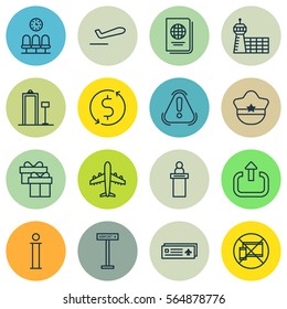 Set Of 16 Transportation Icons. Includes Information, Money Trasnfer, Pilot Hat And Other Symbols. Beautiful Design Elements.