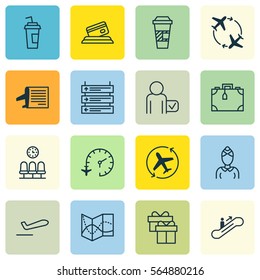 Set Of 16 Transportation Icons. Includes Plane Schedule, Drink Cup, Aircraft Arrow And Other Symbols. Beautiful Design Elements.