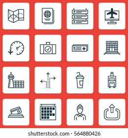 Set Of 16 Transportation Icons. Includes Luggage, Travel Clock, Internet Ticket And Other Symbols. Beautiful Design Elements.