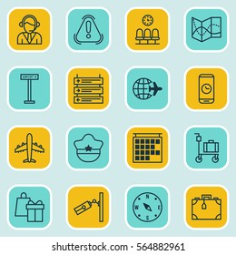 Set Of 16 Transportation Icons. Includes Airplane Information, Shopping, Suitcase And Other Symbols. Beautiful Design Elements.