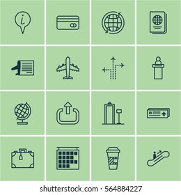 Set Of 16 Transportation Icons. Includes Registration Service, Plastic Card, Flight Path And Other Symbols. Beautiful Design Elements.