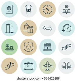 Set Of 16 Transportation Icons. Includes Suitcase, Shopping, Security Scanner And Other Symbols. Beautiful Design Elements.