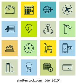 Set Of 16 Transportation Icons. Includes Suitcase, Info Pointer, Phone Reservation And Other Symbols. Beautiful Design Elements.