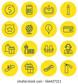 Set Of 16 Transportation Icons. Includes Present, Stair Lift, Plastic Card And Other Symbols. Beautiful Design Elements.