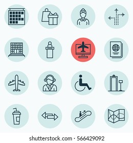 Set Of 16 Transportation Icons. Includes Drink Cup, Airfield Manufacture, Crossroad And Other Symbols. Beautiful Design Elements.