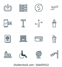 Set Of 16 Transportation Icons. Includes Plane Schedule, Registration Service, Money Trasnfer And Other Symbols. Beautiful Design Elements.
