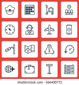 Set Of 16 Transportation Icons. Includes Airplane Information, Video Surveillance, Operator And Other Symbols. Beautiful Design Elements.