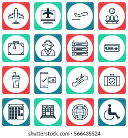 Set Of 16 Transportation Icons. Includes Airfield Manufacture, Departure Information, Seats And Other Symbols. Beautiful Design Elements.