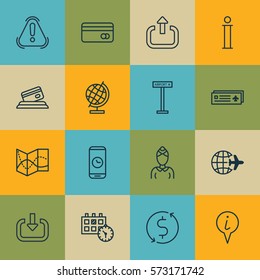 Set Of 16 Transportation Icons. Includes Information, Worldwide Flight, World Sphere And Other Symbols. Beautiful Design Elements.