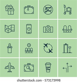 Set Of 16 Transportation Icons. Includes Present, Forbidden Mobile, Takeaway Coffee And Other Symbols. Beautiful Design Elements.
