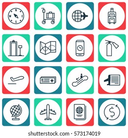 Set Of 16 Transportation Icons. Includes Timetable, Locate, Airliner Takeoff And Other Symbols. Beautiful Design Elements.