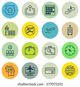 Set Of 16 Transportation Icons. Includes Seats, Locate, Baggage Research And Other Symbols. Beautiful Design Elements.