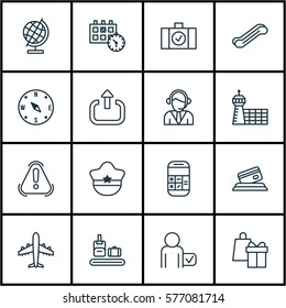 Set Of 16 Transportation Icons. Includes Airport Building, Airliner, Luggage Scanner And Other Symbols. Beautiful Design Elements.