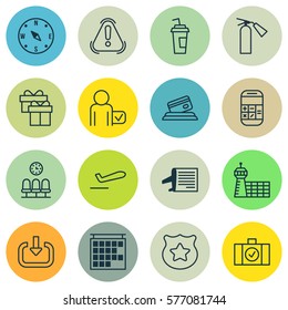 Set Of 16 Transportation Icons. Includes Drink Cup, Enter, Airliner Takeoff And Other Symbols. Beautiful Design Elements.