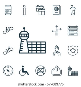 Set Of 16 Transportation Icons. Includes Flight Path, Accessibility, Exit And Other Symbols. Beautiful Design Elements.