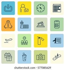 Set Of 16 Transportation Icons. Includes Present, Seats, Siren And Other Symbols. Beautiful Design Elements.