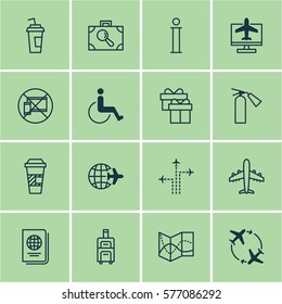 Set Of 16 Transportation Icons. Includes Worldwide Flight, Present, Information And Other Symbols. Beautiful Design Elements.