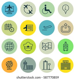 Set Of 16 Transportation Icons. Includes World, Info Pointer, Road Map And Other Symbols. Beautiful Design Elements.