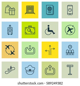 Set Of 16 Transportation Icons. Includes Luggage, Airplane Information, Flight Path And Other Symbols. Beautiful Design Elements.