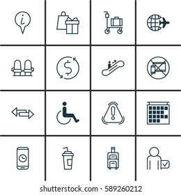 Set Of 16 Transportation Icons. Includes Suitcase Pushcart, Crossroad, Globetrotter And Other Symbols. Beautiful Design Elements.