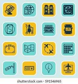 Set Of 16 Transportation Icons. Includes Video Surveillance, Internet Ticket, Flight Path And Other Symbols. Beautiful Design Elements.