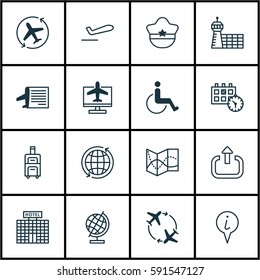 Set Of 16 Transportation Icons. Includes Fly Around, Exit, Info Pointer And Other Symbols. Beautiful Design Elements.